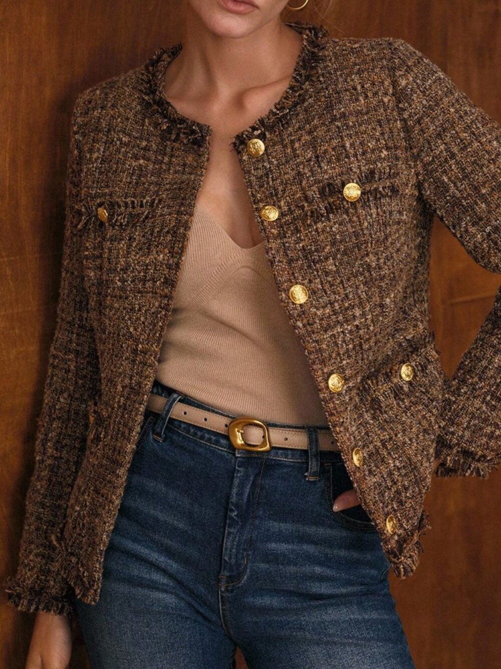 Brown Casual Women's Tweed Button Up Coat - Picture 6 of 7